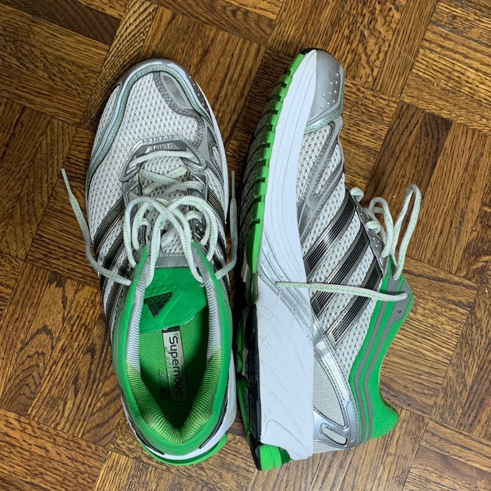 Adidas Glide Silver and Green Athletic Sneakers